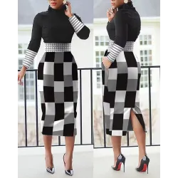 Striped Geometric Print Long Sleeve Slit Dress