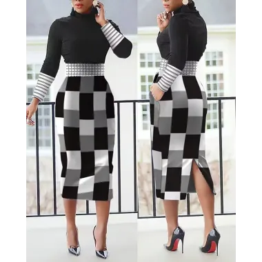 Striped Geometric Print Long Sleeve Slit Dress