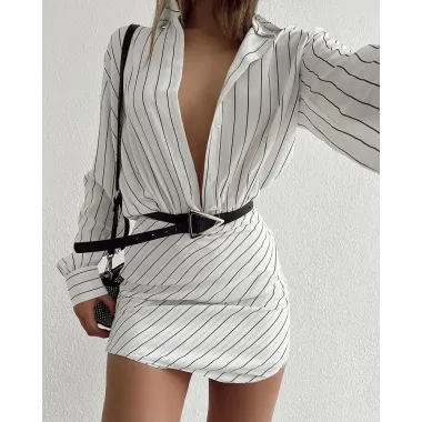 Striped Plunge Long Sleeve Shirt Dress