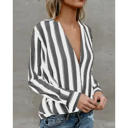 Stripes Deep V Long Sleeve Casual Blouse