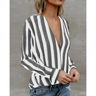 Stripes Deep V Long Sleeve Casual Blouse