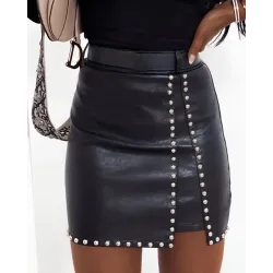 Studded Decor PU Leather Slit Mini Skirt