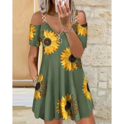 Sunflower Butterfly Print Cold Shoulder Swing Dress