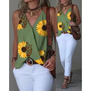 Sunflower Butterfly Print Wrap Tank Top