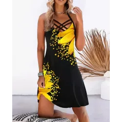 Sunflower Print Criss Cross Halter Casual Dress