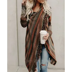 Tassel Decor Striped Print Long Sleeve Cardigan