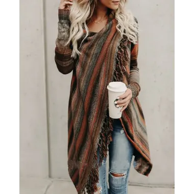 Tassel Decor Striped Print Long Sleeve Cardigan