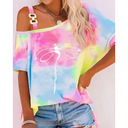 Tie Dye Floral Print Cold Shoulder T-shirt