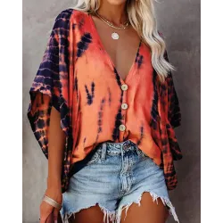 Tie Dye Print Batwing Sleeve V-Neck Top