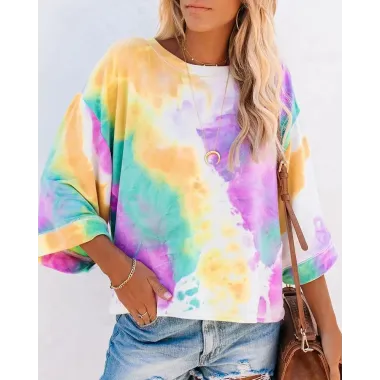 Tie Dye Print Bell Sleeve Casual Top