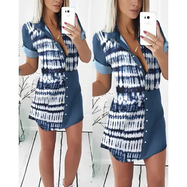 Tie Dye Print Patchwork Buttoned Shirt Dress