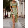 Tie Dye Print Puff Sleeve Shirred Slit Dress