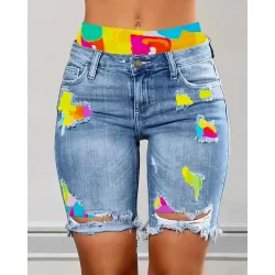 Tie Dye Print Ripped Denim Shorts