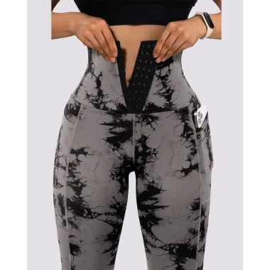 Tie Dye Print Tummy Control Butt Lifting Pocket Design Yoga Pants