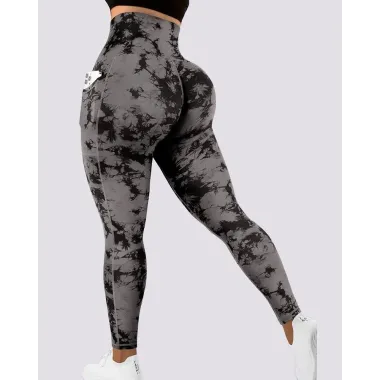 Tie Dye Print Tummy Control Butt Lifting Pocket Design Yoga Pants