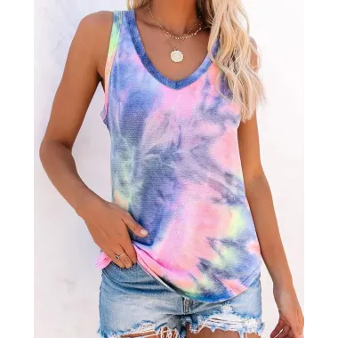 Tie Dye Print V-neck Casual Top