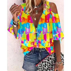 Tie Dye Print Zip Front Cold Shoulder Top