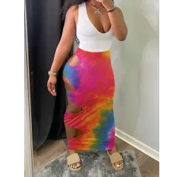 Tie Dye Skinny Cut-out Midi Skirts