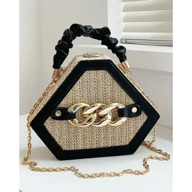 Trendy Chain Decor Top Handle Straw Geometrical Crossbody Bag