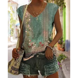 Tribal Floral Print Cap Sleeve V-Neck T-shirt