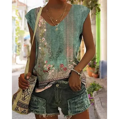 Tribal Floral Print Cap Sleeve V-Neck T-shirt