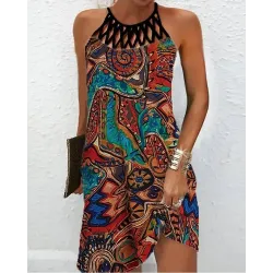 Tribal Print Hollow Out Sleeveless Casual Dress