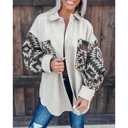 Tribal Print Patch Pocket Long Sleeve Shacket