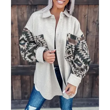 Tribal Print Patch Pocket Long Sleeve Shacket