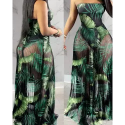 Tropical Print Bodysuit Insert Sheer Mesh Pleated Maxi Dress