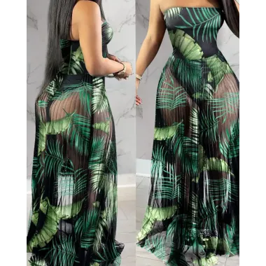 Tropical Print Bodysuit Insert Sheer Mesh Pleated Maxi Dress