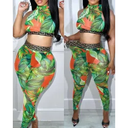 Tropical Print Geo Tape Patch Crop Top & Pants Set