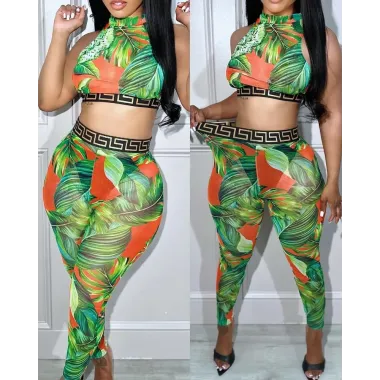 Tropical Print Geo Tape Patch Crop Top & Pants Set