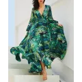 Tropical Print Lantern Sleeve Belted Maxi Dress