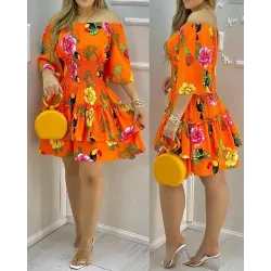 Tropical Print Off Shoulder Casual Dress