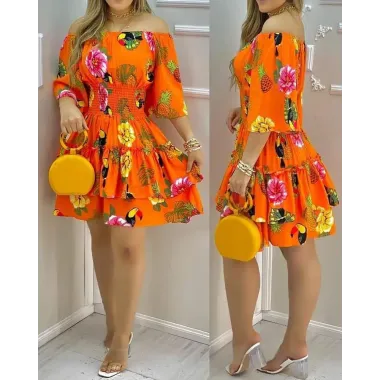 Tropical Print Off Shoulder Casual Dress