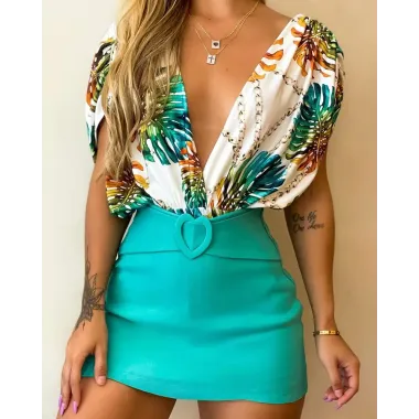 Tropical Print Plunge Top & Plain Skirt Set