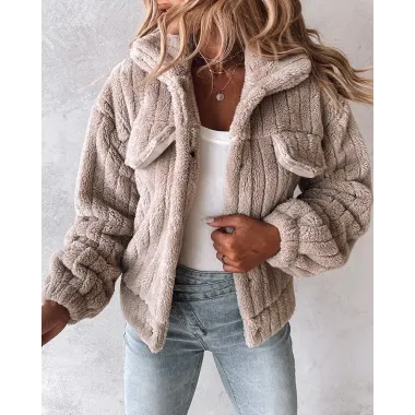 Turn-down Collar Buttoned Teddy Jacket