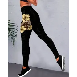 Turtle Floral Plants Print High Waist Yoga Pants