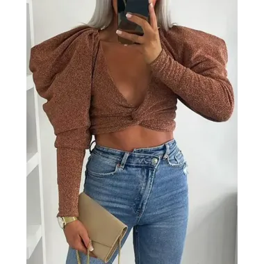 Twist Front Gigot Sleeve Chocolate Crop Top