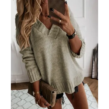 V Neck Long Sleeve Casual Knit Sweater