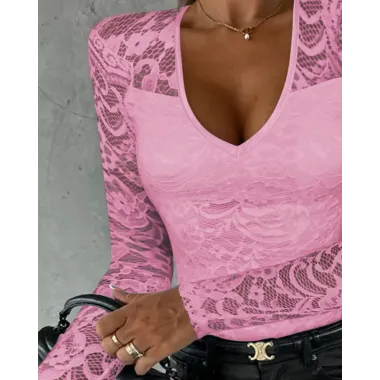 V-Neck Long Sleeve Lace Patch Top