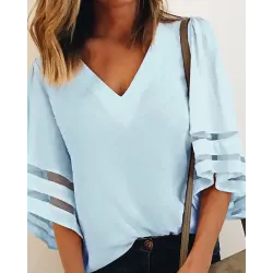 V-Neck Mesh Striped Insert Casual Blouse