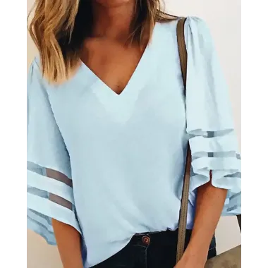 V-Neck Mesh Striped Insert Casual Blouse