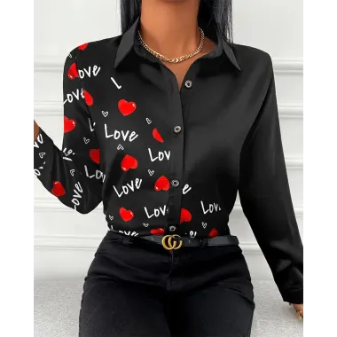 Valentine's Day Heart Letter Print Button Down Shirt