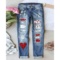 Valentine\'s Day Heart Pattern Ripped Jeans