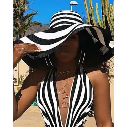 Wide Brim Striped Colorblock Straw Hat