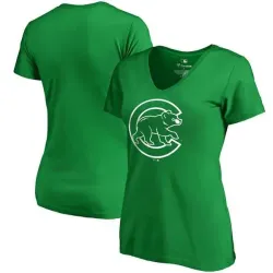 Women Chicago Cubs Fanatics Branded Green St. Patrick\'s Day White Logo V Neck T-Shirt