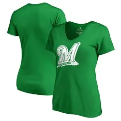 Women Milwaukee Brewers Fanatics Branded Kelly Green Plus Size St. Patrick's Day White Logo V Neck T-Shirt