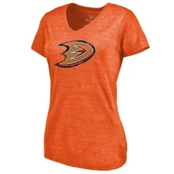 Women\'s Anaheim Ducks Distressed Team Primary Logo V Neck Tri Blend T-Shirt Orange FengYun