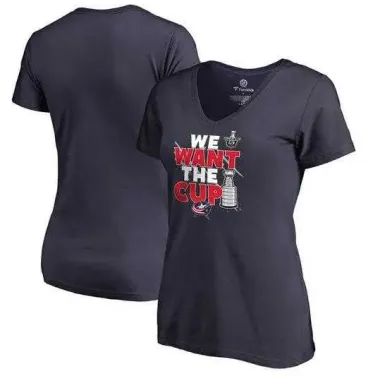 Women's Columbus Blue Jackets Fanatics Branded 2017 NHL Stanley Cup Playoff Participant Blue Line Slim Fit V Neck T Shirt Navy FengYun